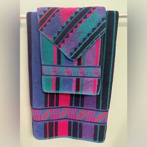 Vtg Fieldcrest Cannon 3pc Towel Set Bath Hand Washcloth 80s Geometric Teal